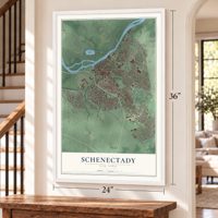 Schenectady, New York map, 24 x 36 inch print in a white frame by a staircase