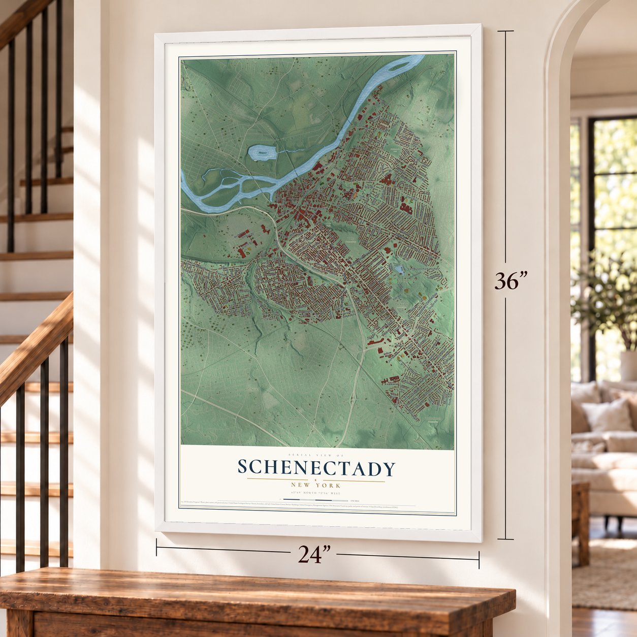 Schenectady, New York map, 24 x 36 inch print in a white frame by a staircase