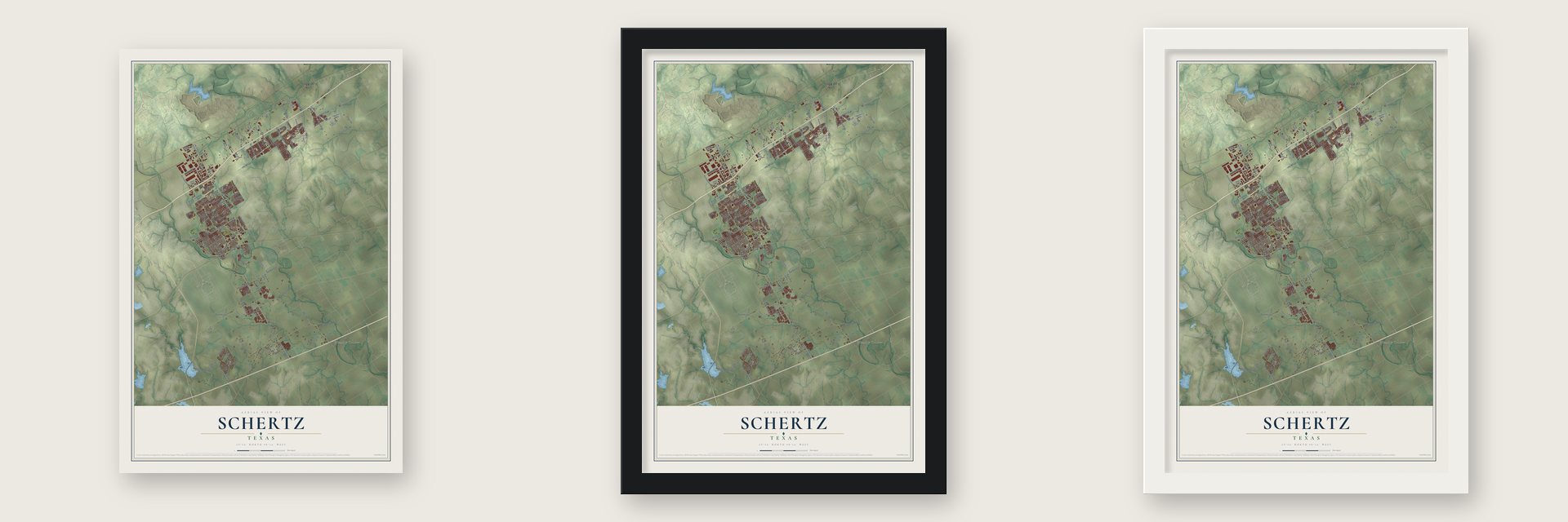 Schertz, Texas map unframed, in a black wood frame and in a white wood frame