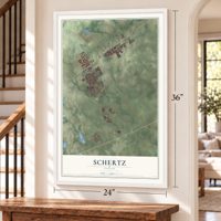 Schertz, Texas map, 24 x 36 inch print in a white frame by a staircase
