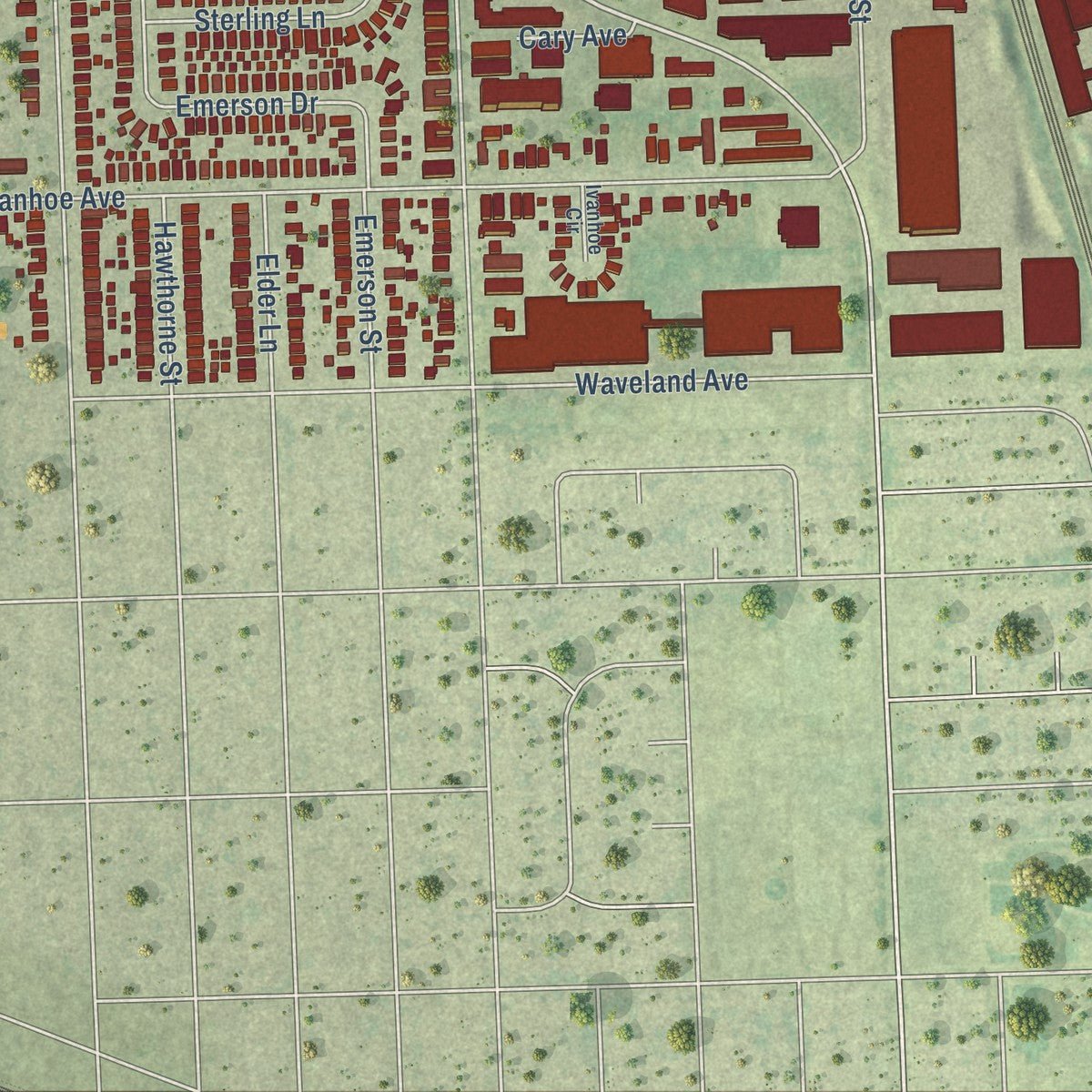 Second close-up of the map of Schiller Park, Illinois print showing more streets and buildings