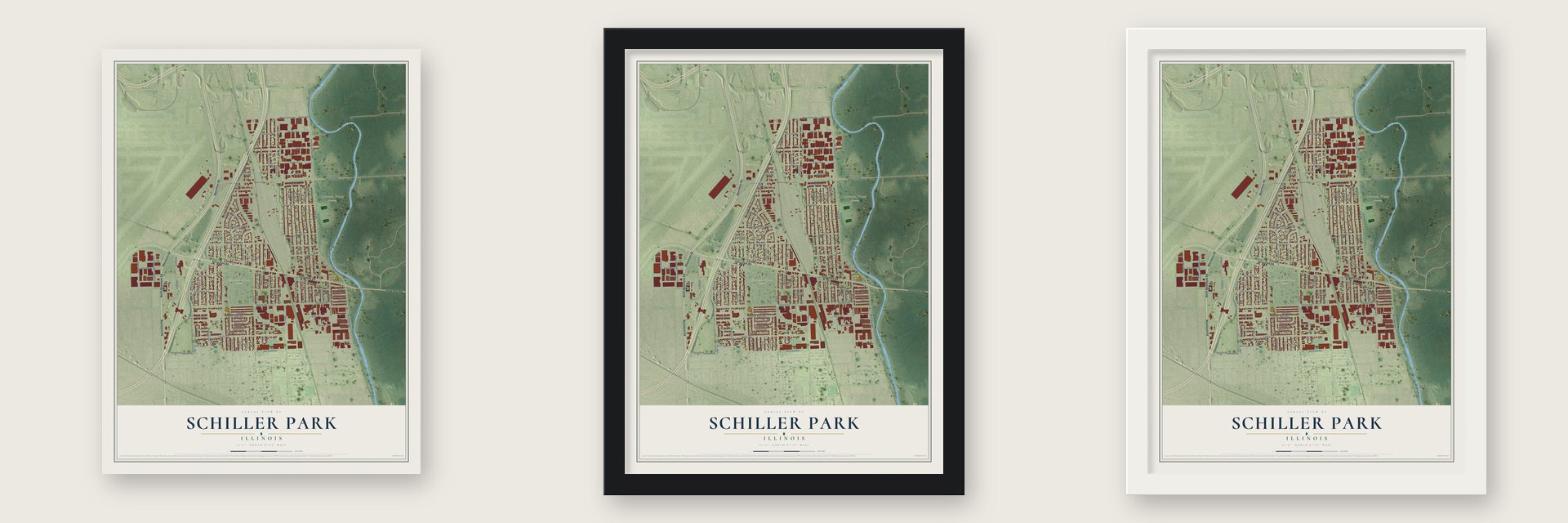 Schiller Park, Illinois map unframed, in a black wood frame and in a white wood frame