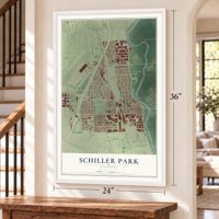 Schiller Park, Illinois map, 24 x 36 inch print in a white frame by a staircase