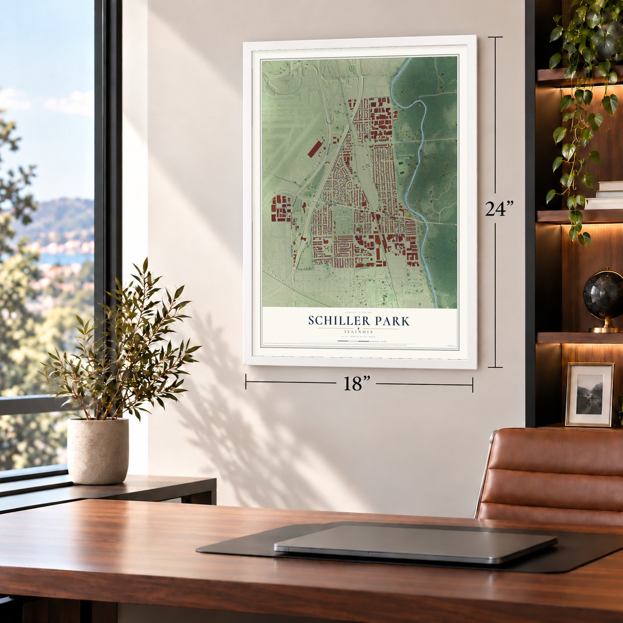 Schiller Park, Illinois map, 18 x 24 inch print in a white frame in a home office