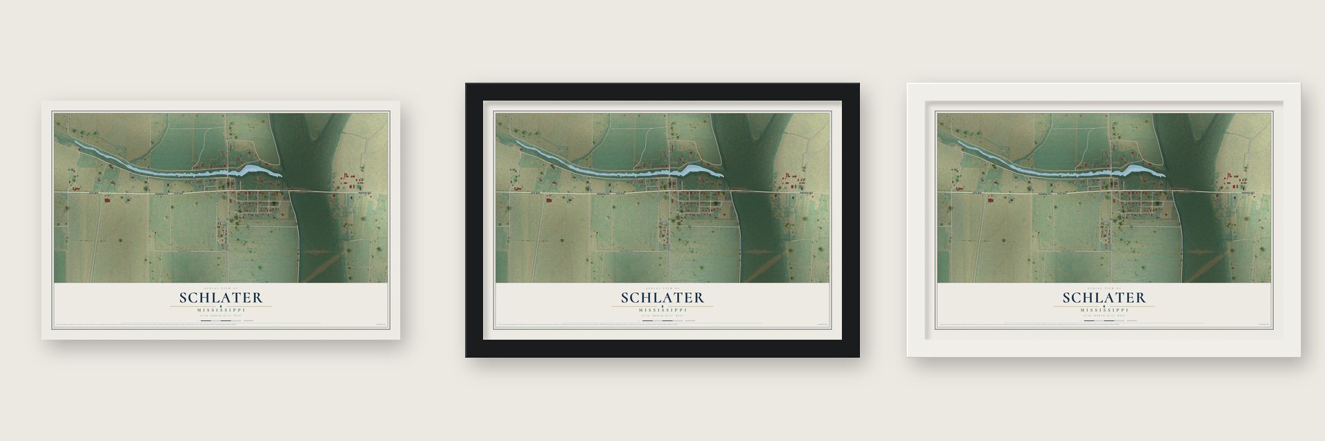 Schlater, Mississippi map unframed, in a black wood frame and in a white wood frame