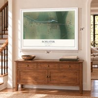 Schlater, Mississippi map, 24 x 36 inch print in a white frame above a dresser by a staircase