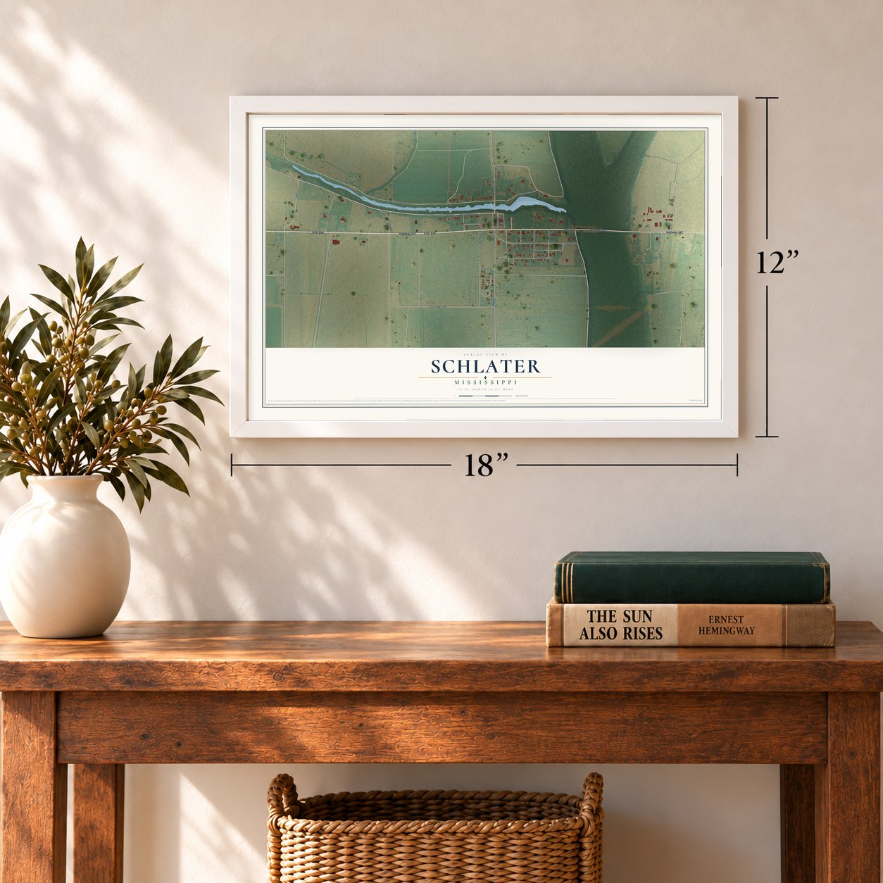 Schlater, Mississippi map, 12 x 18 inch print in a white frame in an entryway