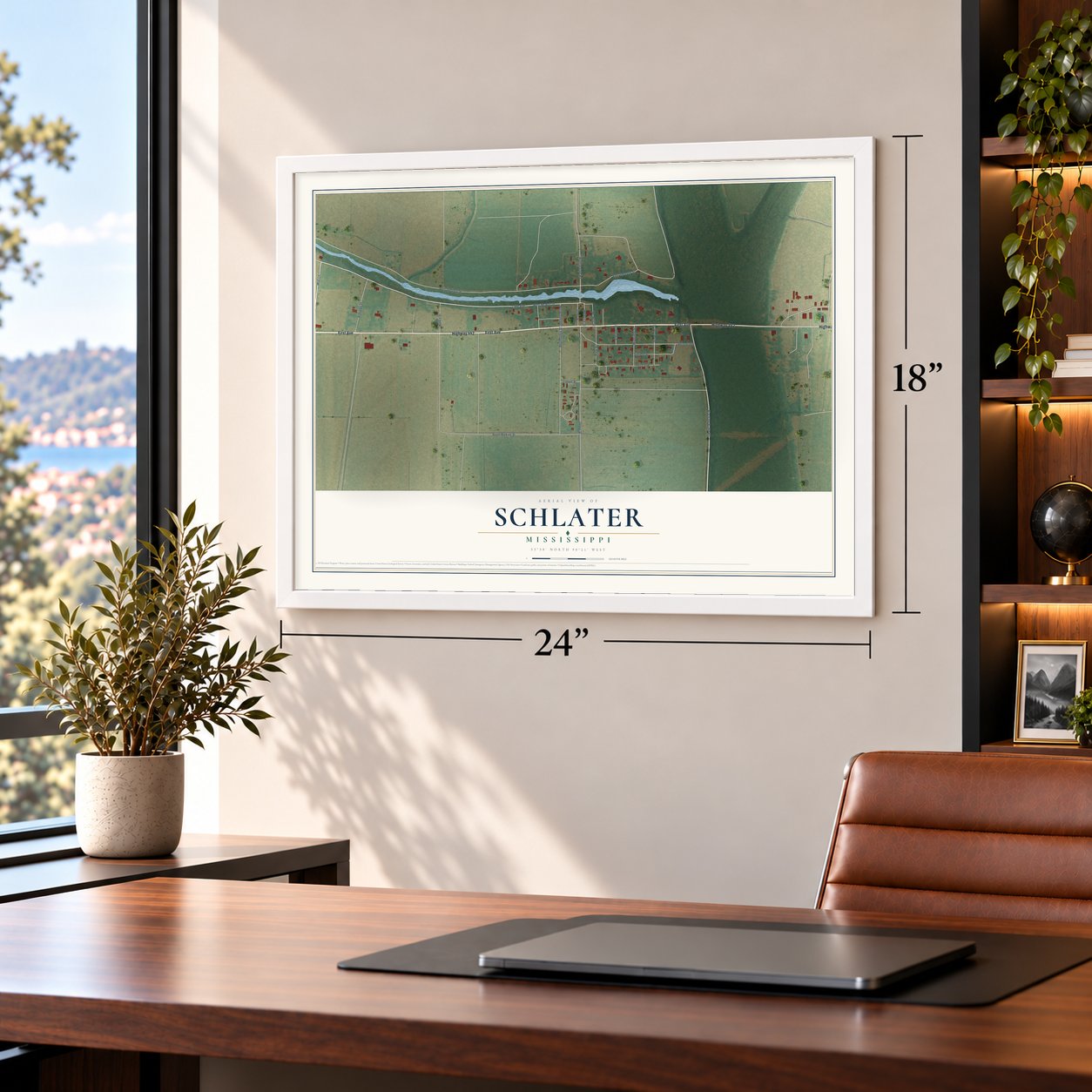Schlater, Mississippi map, 18 x 24 inch print in a white frame in a home office
