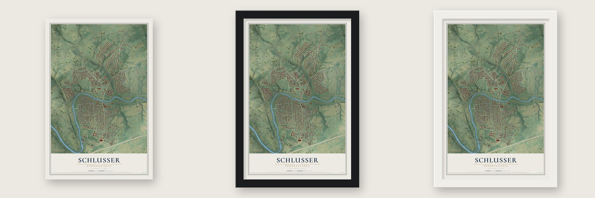 Schlusser, Pennsylvania map unframed, in a black wood frame and in a white wood frame