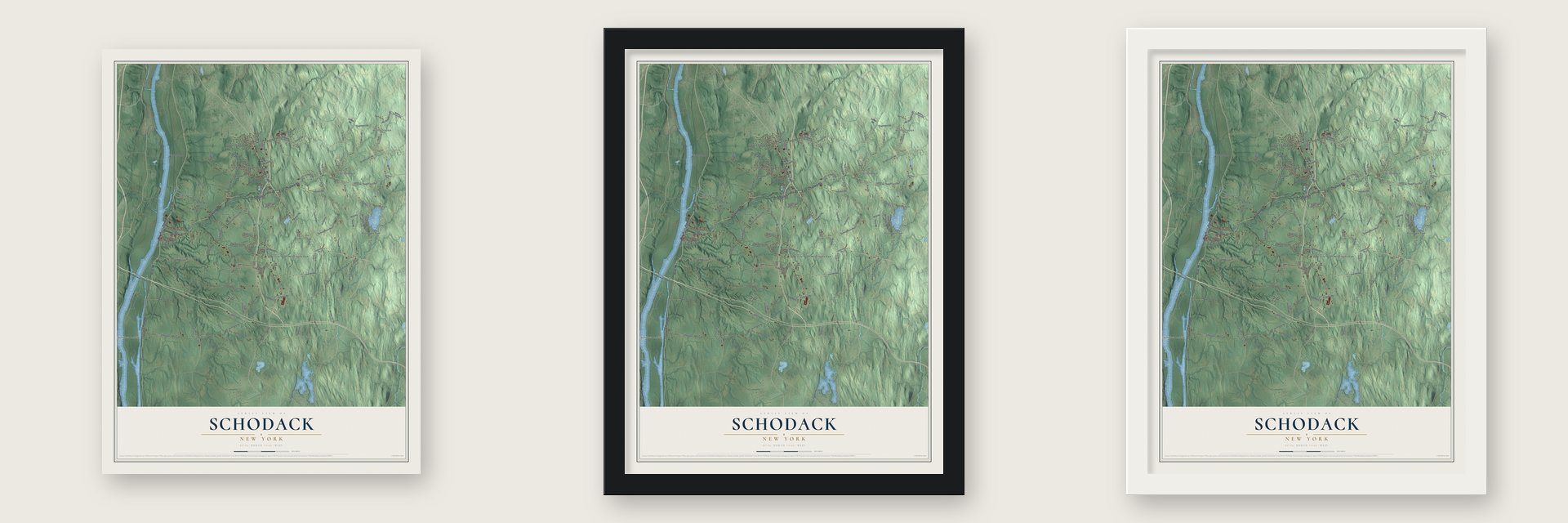 Schodack, New York map unframed, in a black wood frame and in a white wood frame