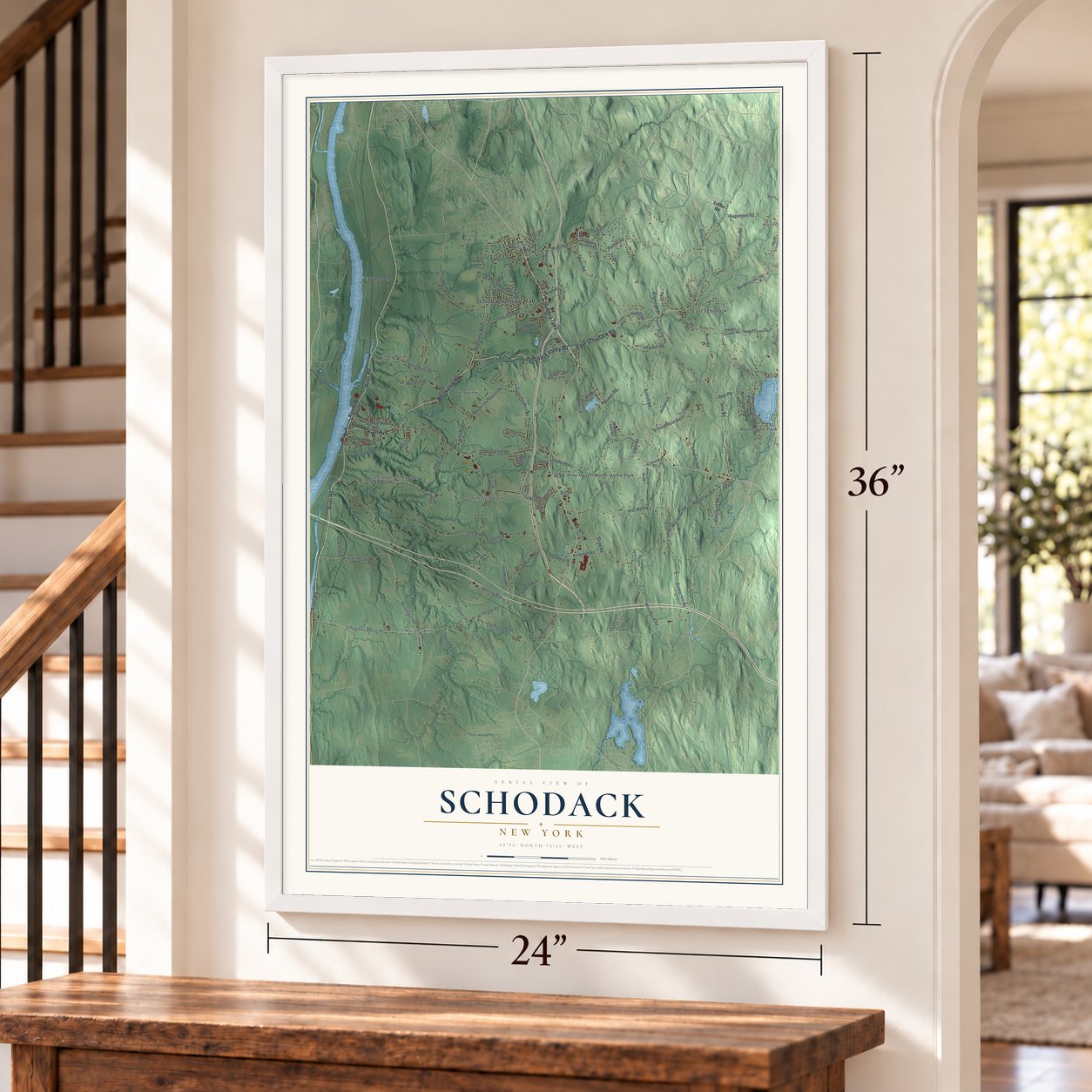 Schodack, New York map, 24 x 36 inch print in a white frame by a staircase