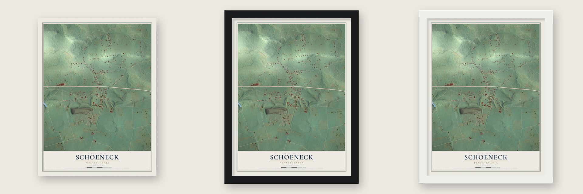 Schoeneck, Pennsylvania map unframed, in a black wood frame and in a white wood frame