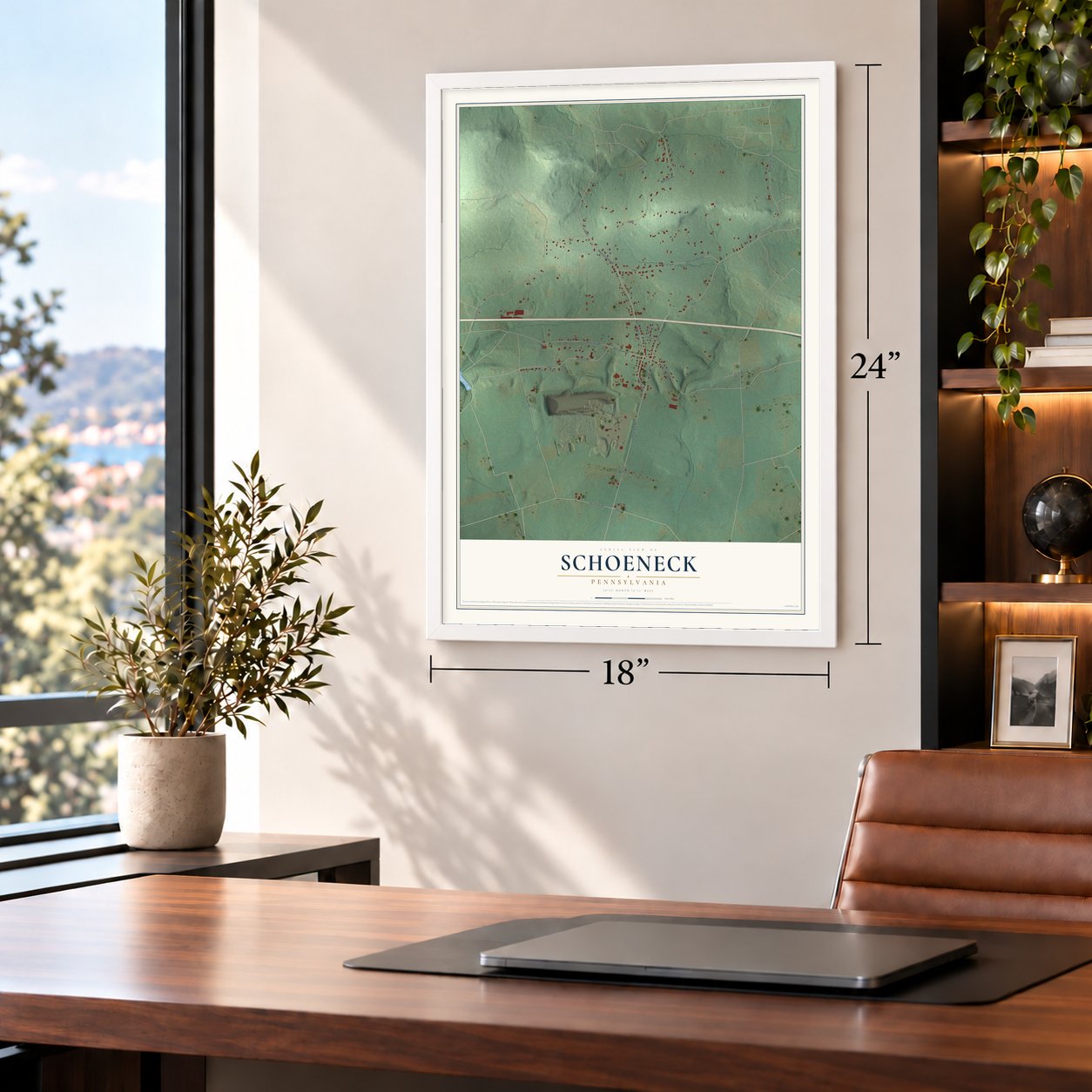 Schoeneck, Pennsylvania map, 18 x 24 inch print in a white frame in a home office