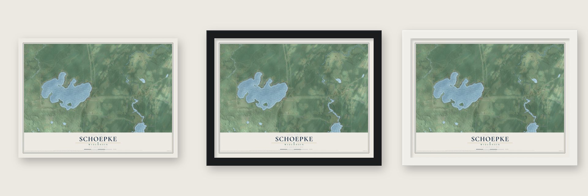 Schoepke, Wisconsin map unframed, in a black wood frame and in a white wood frame