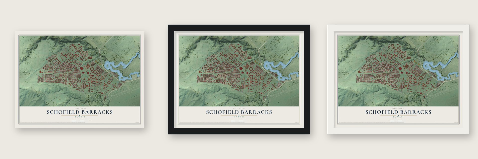 Schofield Barracks, Hawaii map unframed, in a black wood frame and in a white wood frame