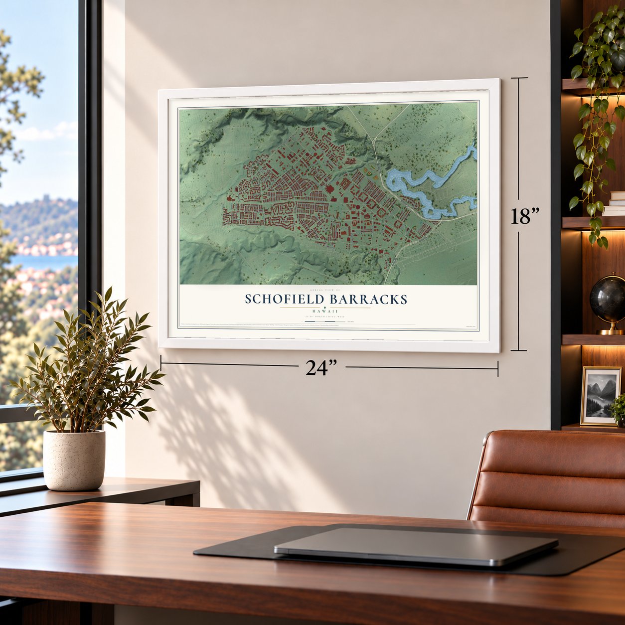 Schofield Barracks, Hawaii map, 18 x 24 inch print in a white frame in a home office