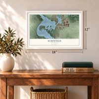 Schofield, Wisconsin map, 12 x 18 inch print in a white frame in an entryway