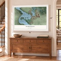 Schofield, Wisconsin map, 24 x 36 inch print in a white frame above a dresser by a staircase