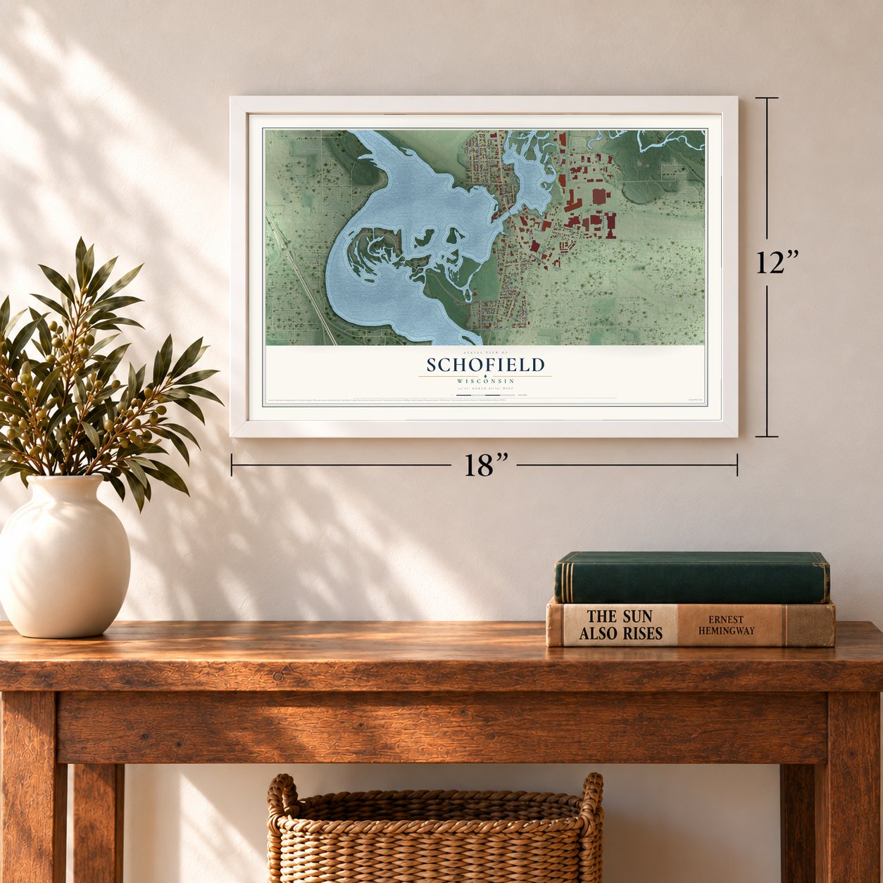 Schofield, Wisconsin map, 12 x 18 inch print in a white frame in an entryway