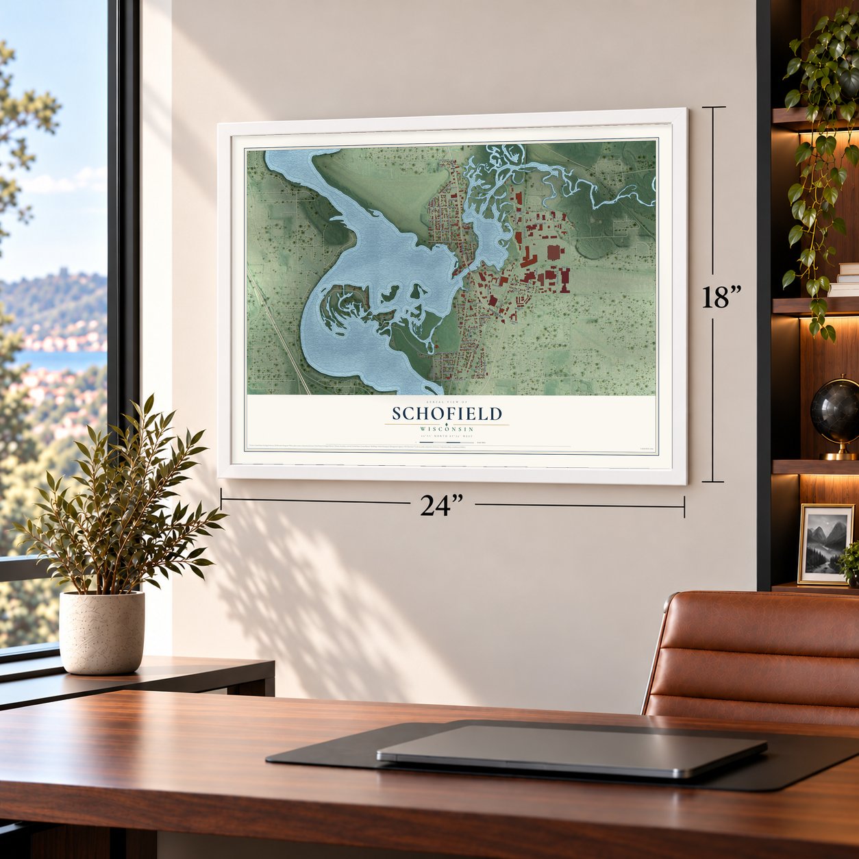 Schofield, Wisconsin map, 18 x 24 inch print in a white frame in a home office
