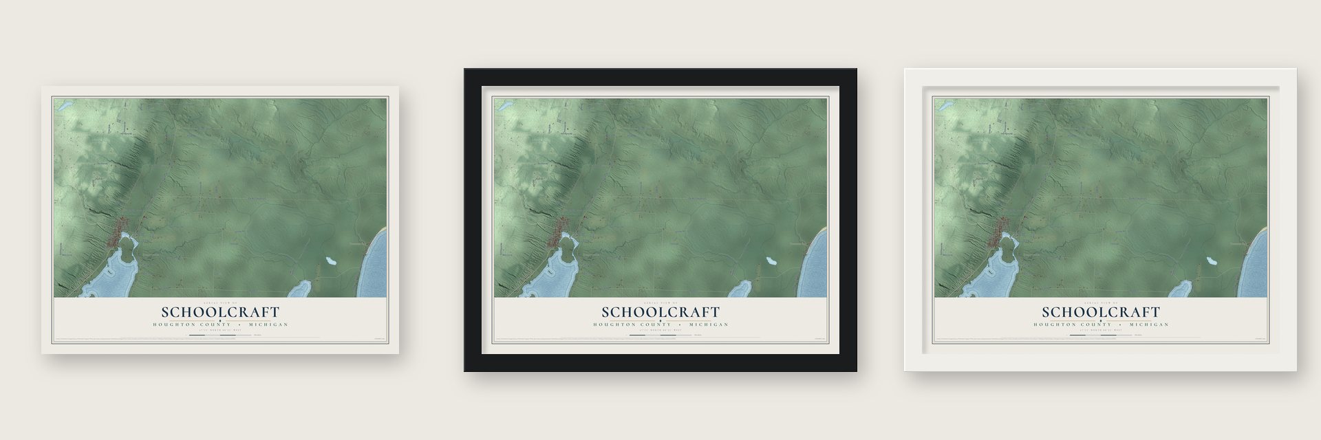 Schoolcraft, Houghton County, Michigan map unframed, in a black wood frame and in a white wood frame