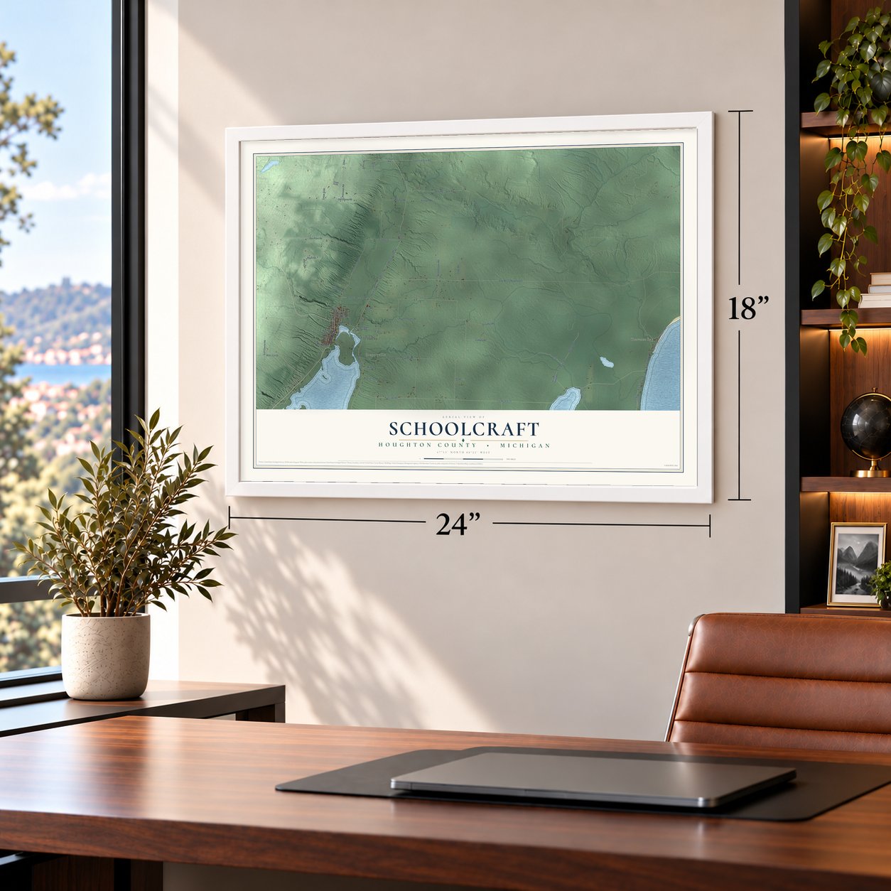 Schoolcraft, Houghton County, Michigan map, 18 x 24 inch print in a white frame in a home office