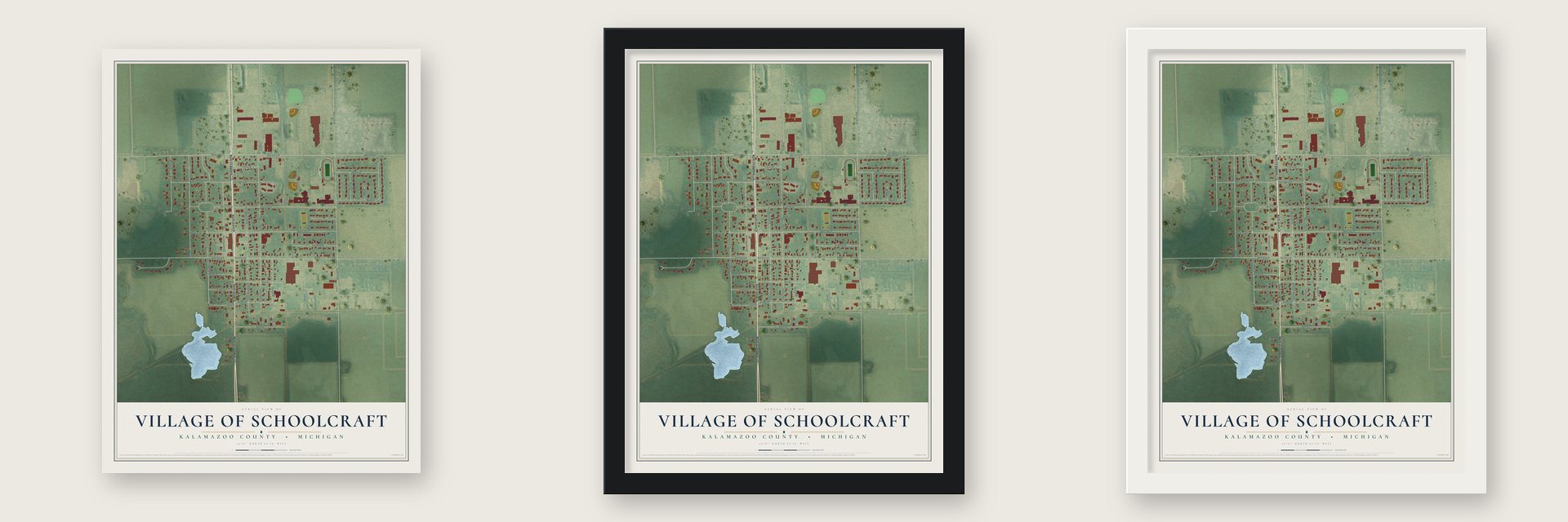 Schoolcraft, Michigan map unframed, in a black wood frame and in a white wood frame