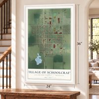 Schoolcraft, Michigan map, 24 x 36 inch print in a white frame by a staircase