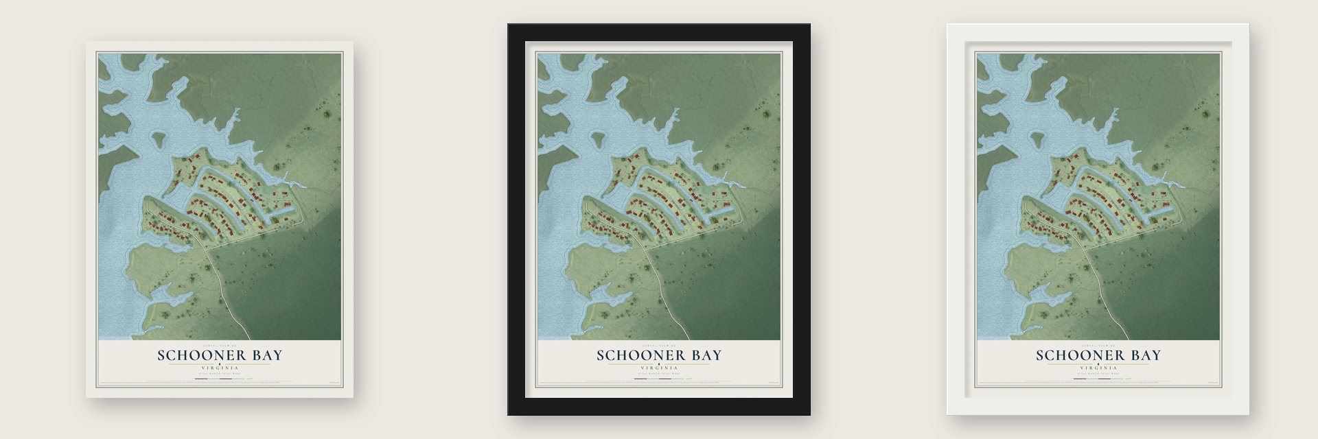 Schooner Bay, Virginia map unframed, in a black wood frame and in a white wood frame
