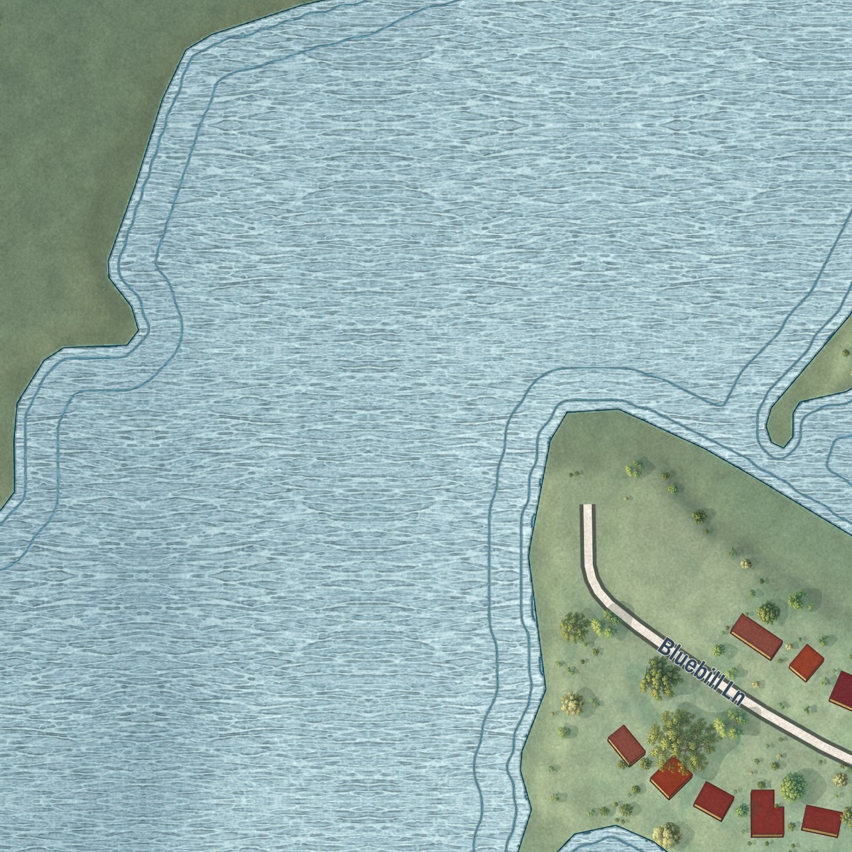Second close-up of the map of Schooner Bay, Virginia print showing more streets and buildings