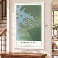Schooner Bay, Virginia map, 24 x 36 inch print in a white frame by a staircase