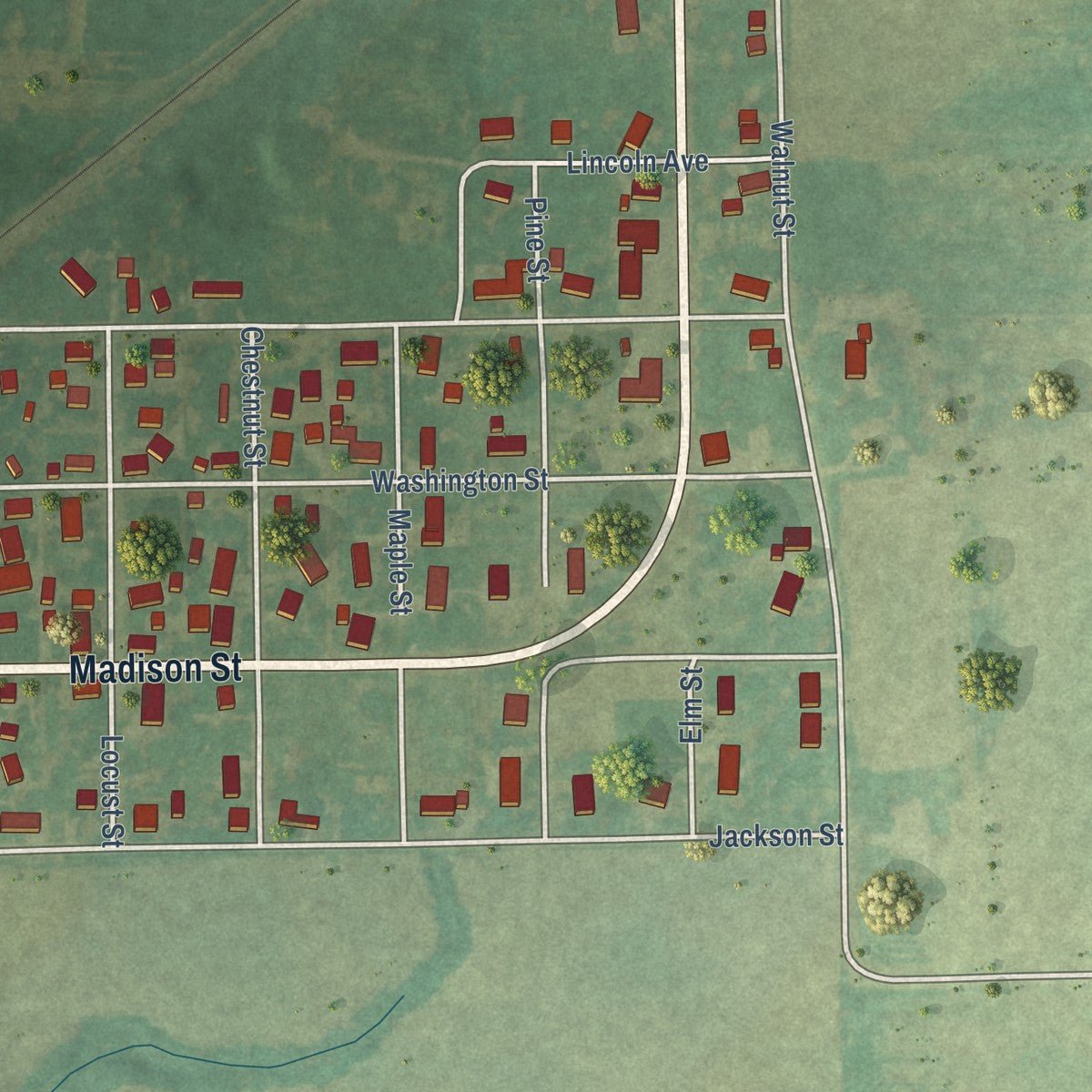 Second close-up of the map of Schram City, Illinois print showing more streets and buildings