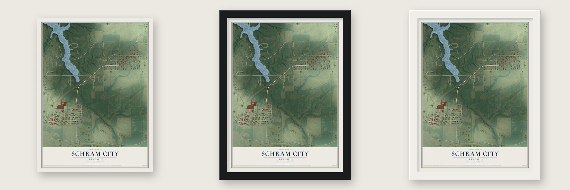 Schram City, Illinois map unframed, in a black wood frame and in a white wood frame