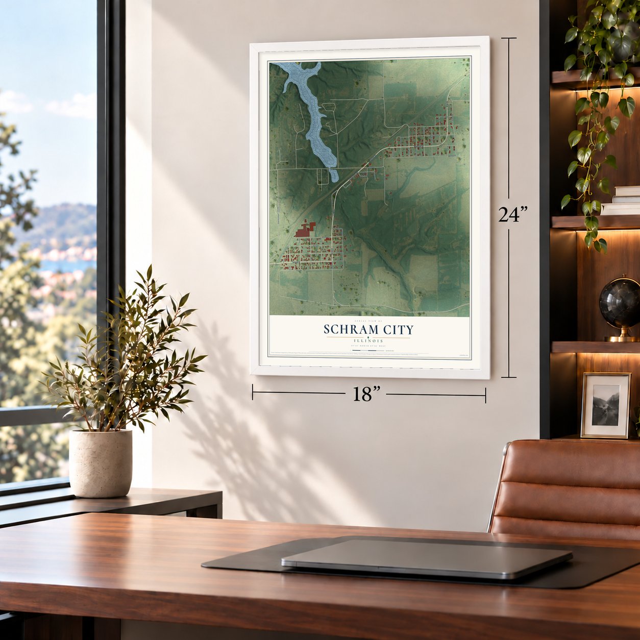 Schram City, Illinois map, 18 x 24 inch print in a white frame in a home office