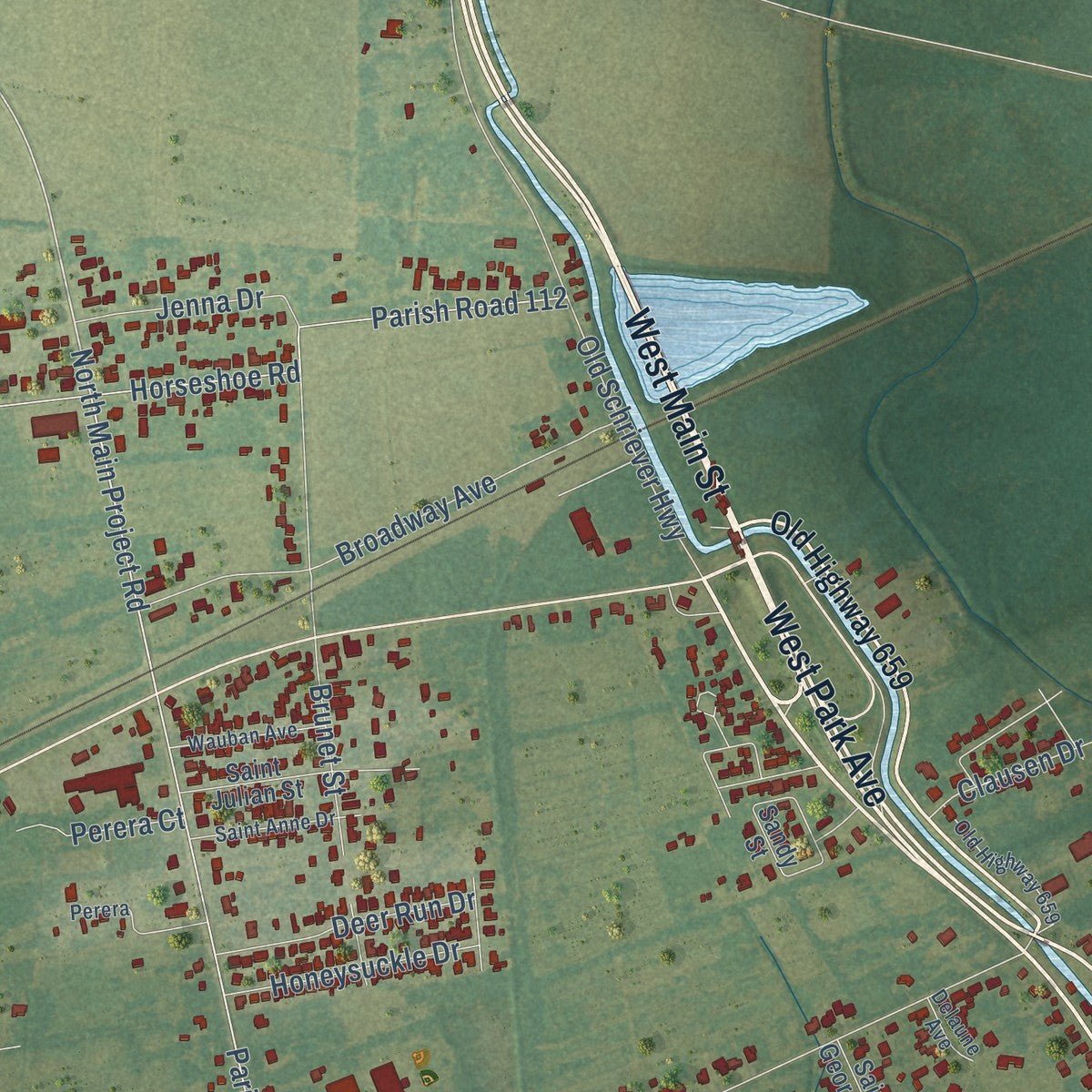 Second close-up of the map of Schriever, Louisiana print showing more streets and buildings