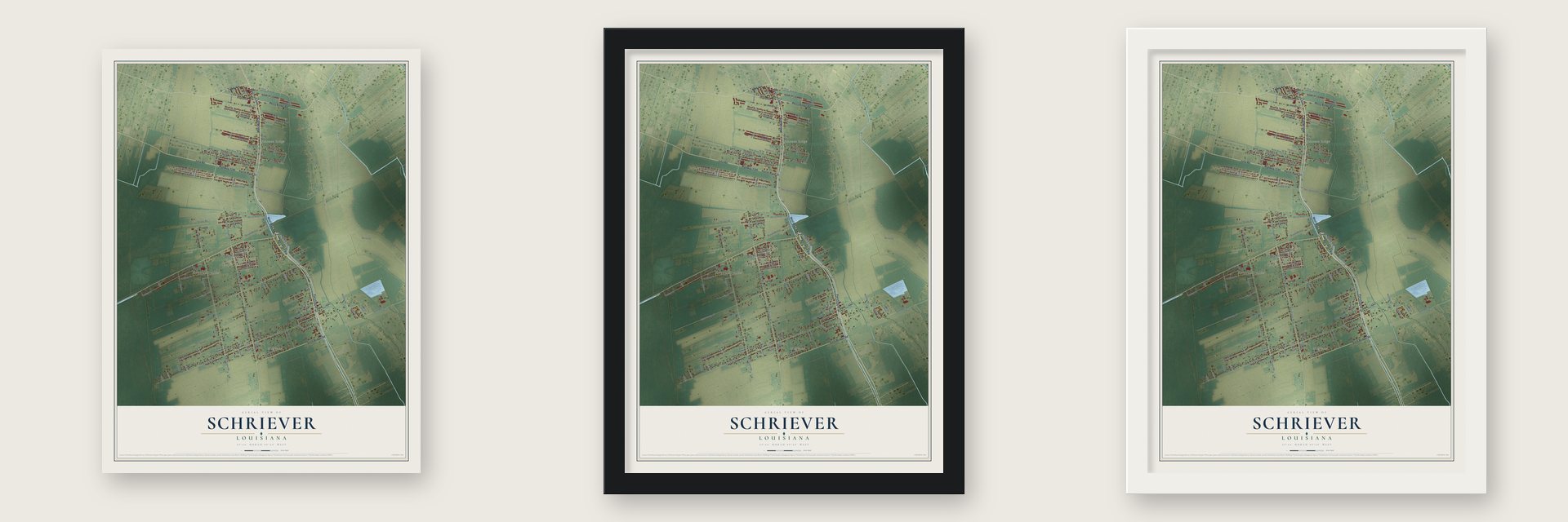 Schriever, Louisiana map unframed, in a black wood frame and in a white wood frame