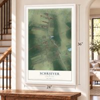Schriever, Louisiana map, 24 x 36 inch print in a white frame by a staircase