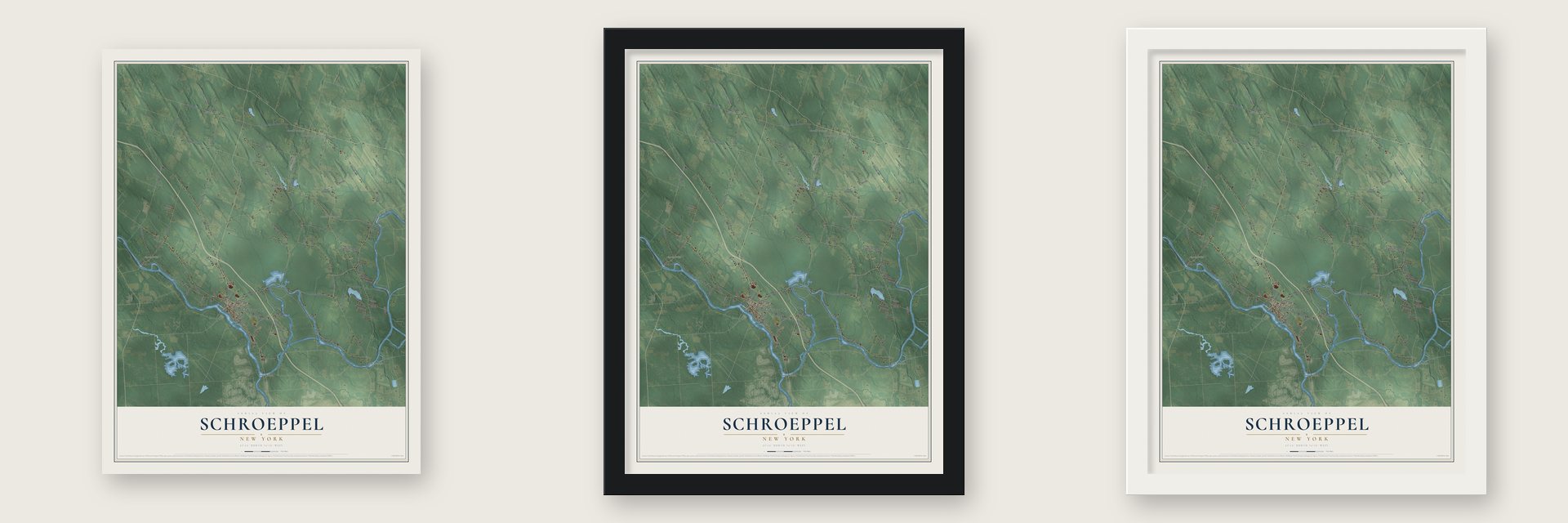 Schroeppel, New York map unframed, in a black wood frame and in a white wood frame