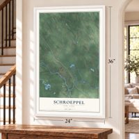 Schroeppel, New York map, 24 x 36 inch print in a white frame by a staircase