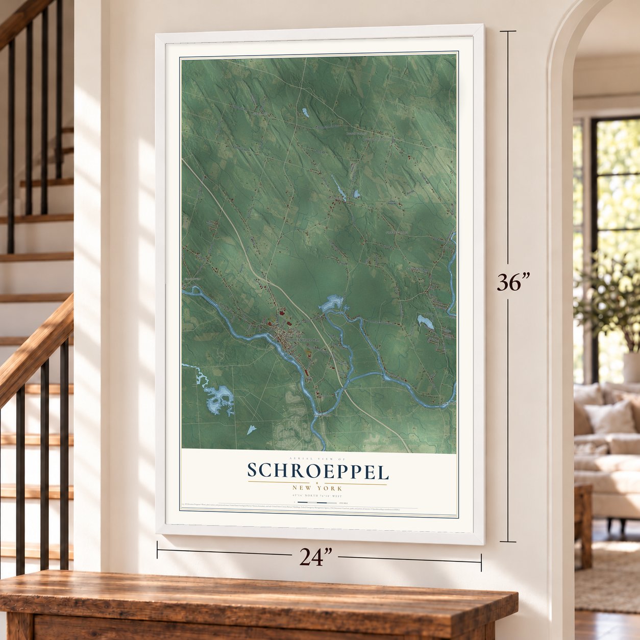 Schroeppel, New York map, 24 x 36 inch print in a white frame by a staircase