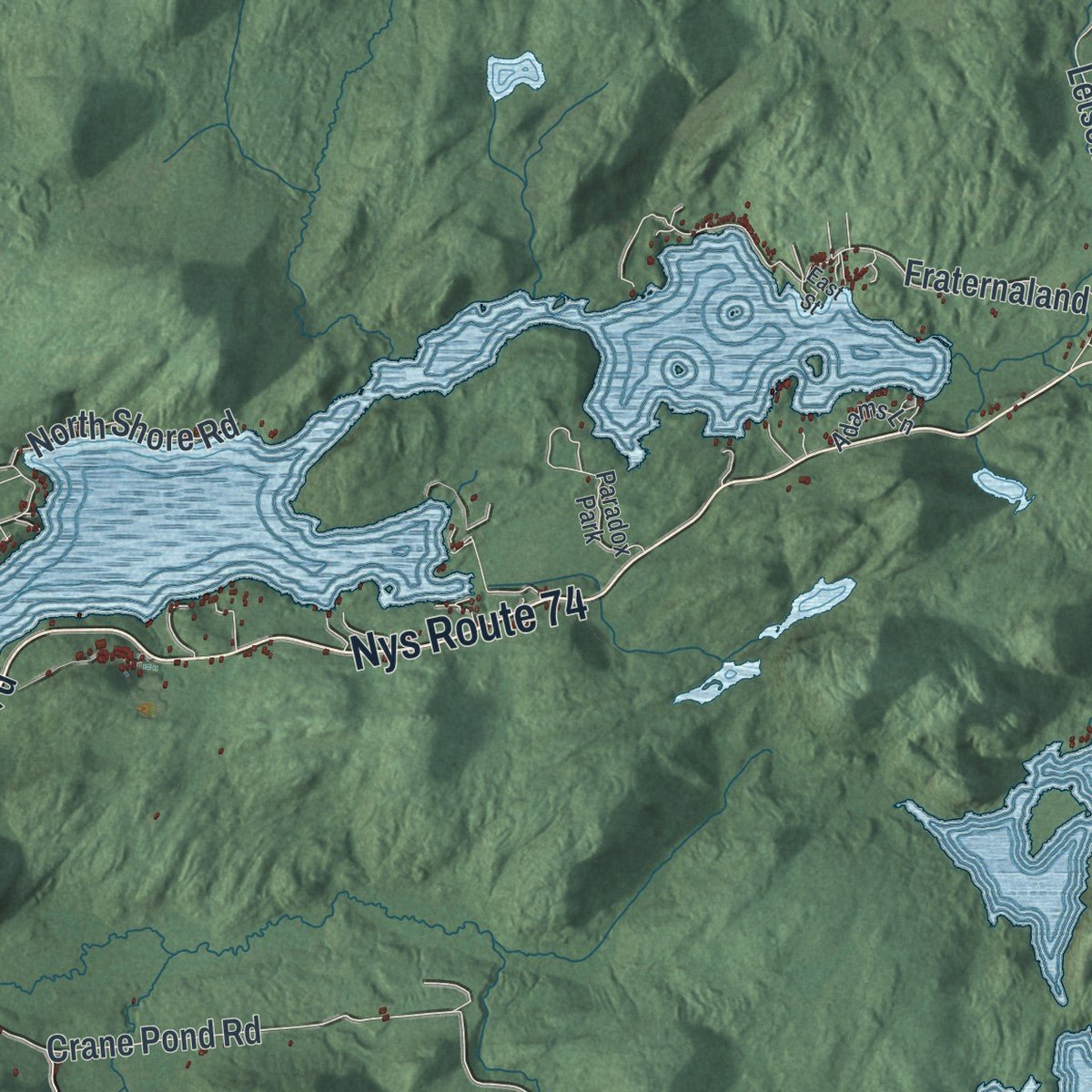 Second close-up of the map of Schroon, New York print showing more streets and buildings