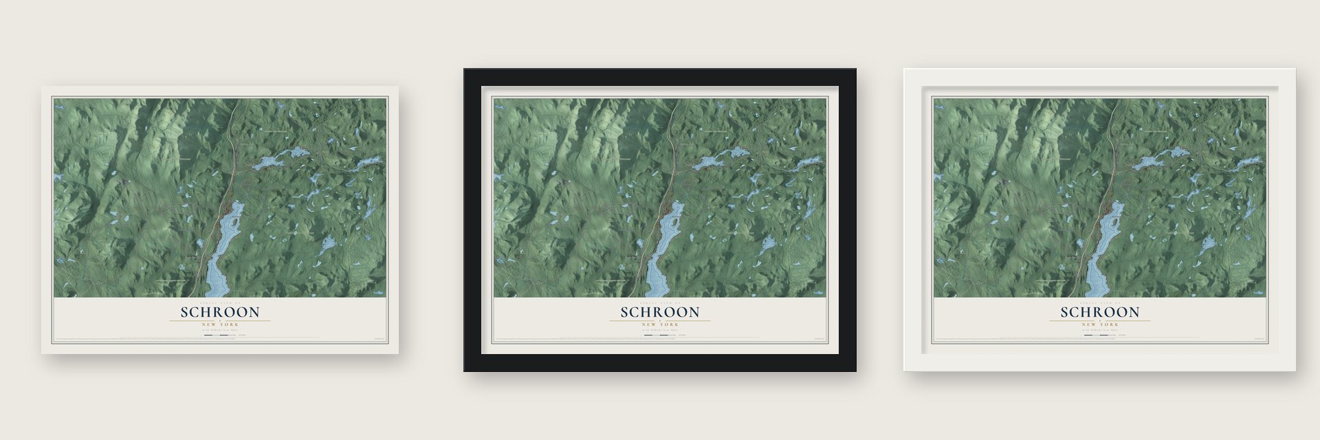 Schroon, New York map unframed, in a black wood frame and in a white wood frame