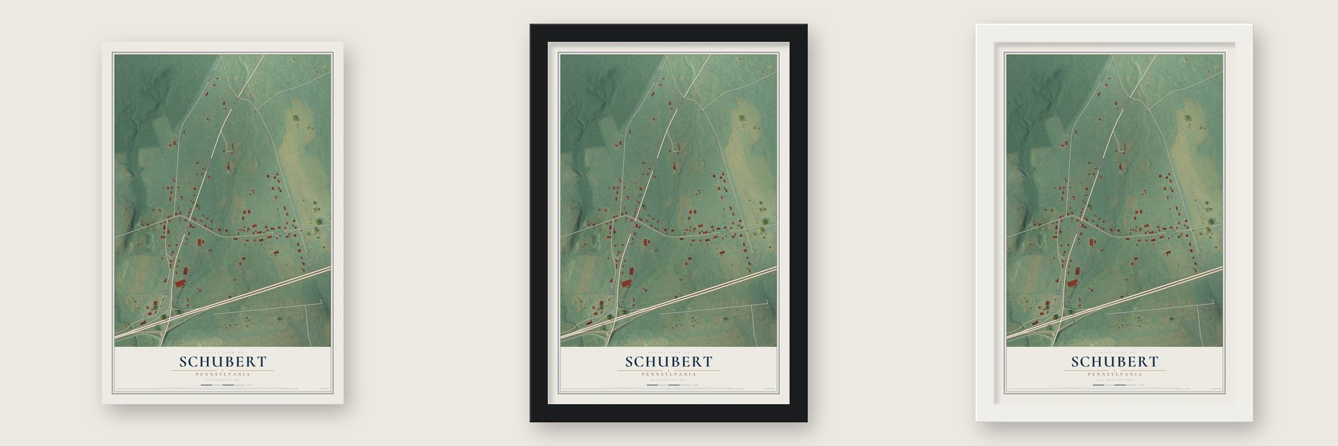 Schubert, Pennsylvania map unframed, in a black wood frame and in a white wood frame