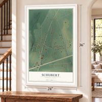 Schubert, Pennsylvania map, 24 x 36 inch print in a white frame by a staircase