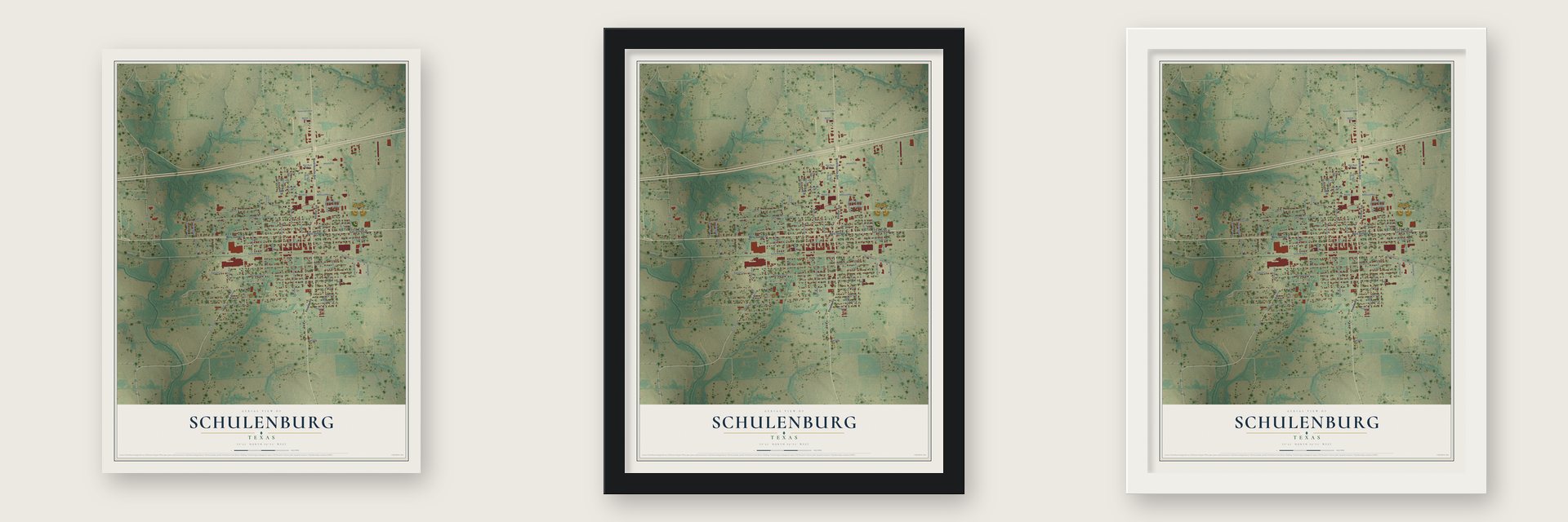 Schulenburg, Texas map unframed, in a black wood frame and in a white wood frame