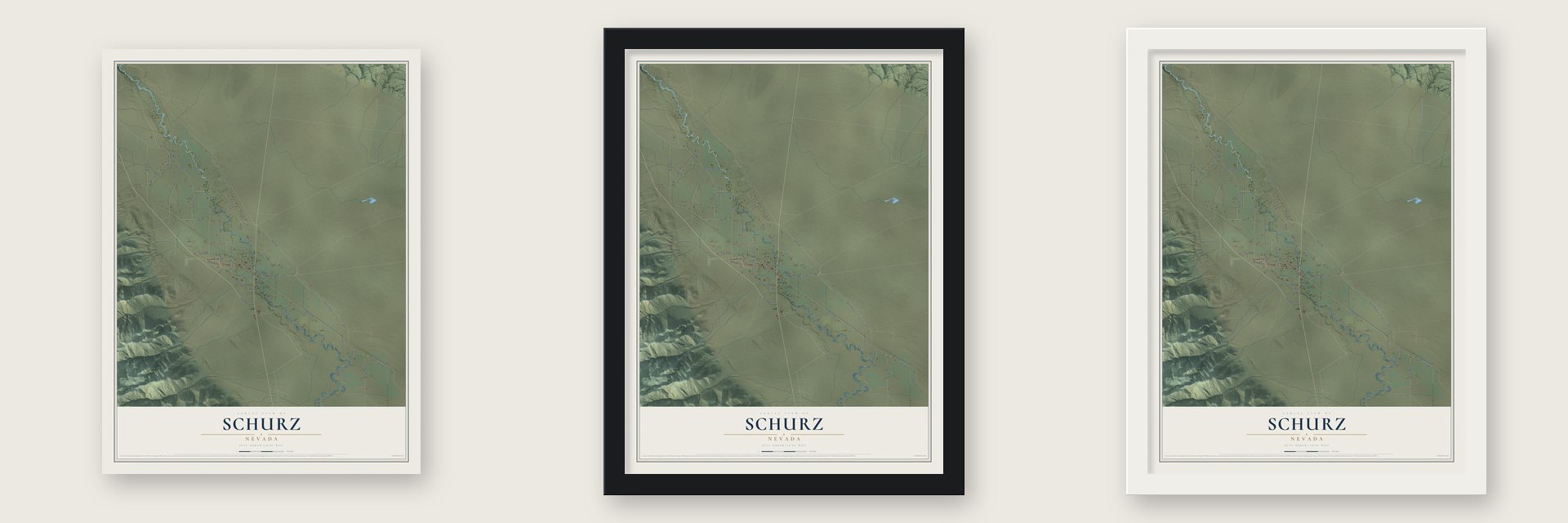 Schurz, Nevada map unframed, in a black wood frame and in a white wood frame