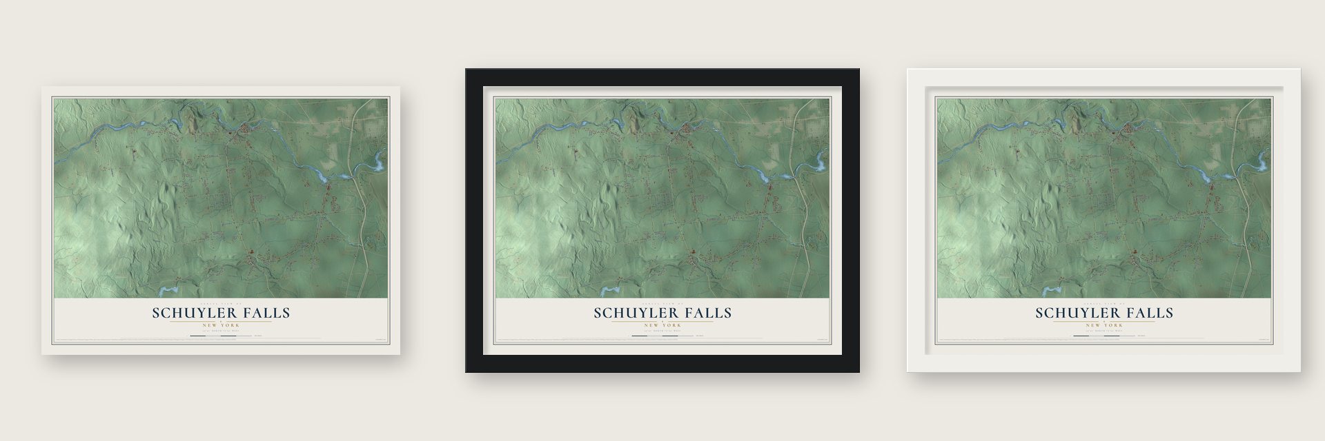 Schuyler Falls, New York map unframed, in a black wood frame and in a white wood frame