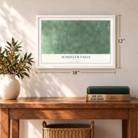 Schuyler Falls, New York map, 12 x 18 inch print in a white frame in an entryway