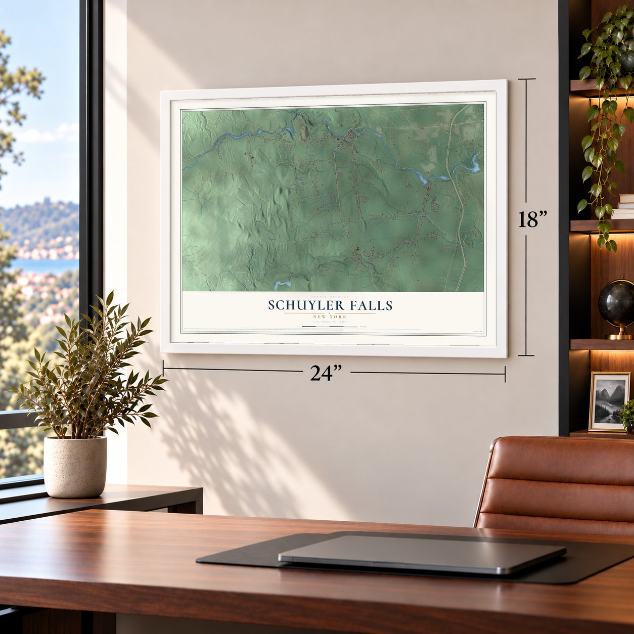 Schuyler Falls, New York map, 18 x 24 inch print in a white frame in a home office