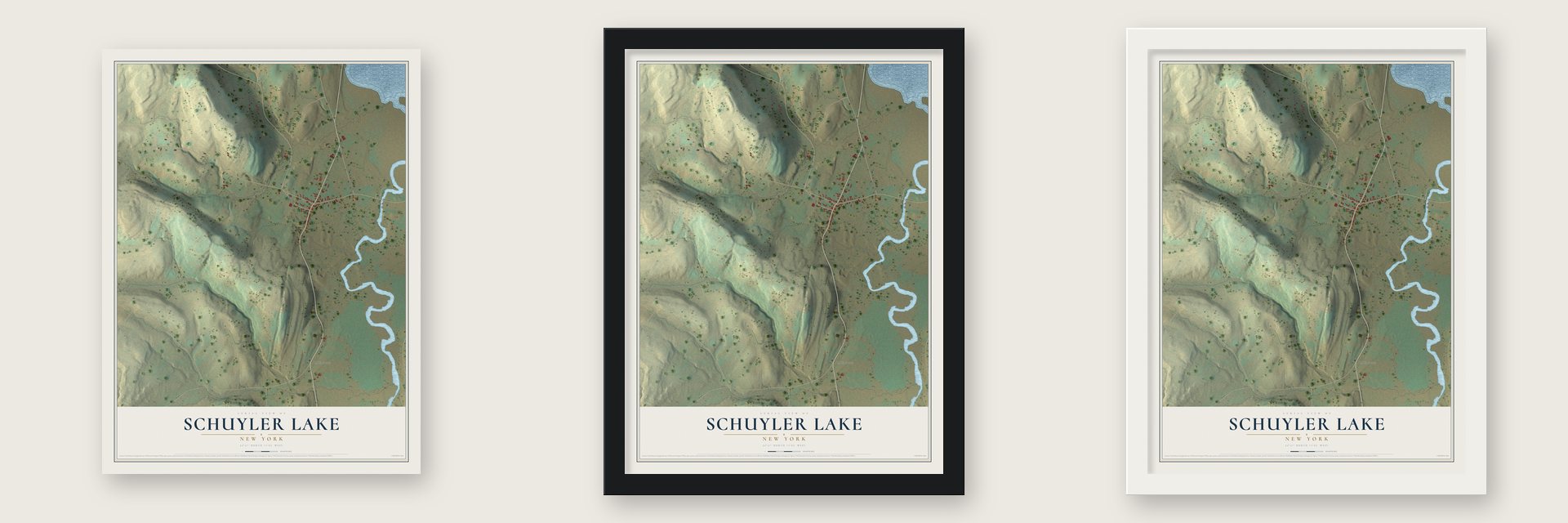 Schuyler Lake, New York map unframed, in a black wood frame and in a white wood frame